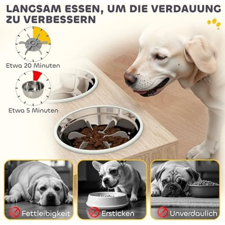 PawHut Futternapf mit 2 Edelstahl-Näpfen, Schrank für Utensilien, Edelstahl, für große Hunde Eiche – Bild 6