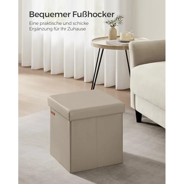 SONGMICS Sitzhocker 38 cm, Aufbewahrungsbox faltbar, Fußhocker mit Deckel, aus Kunstleder, bis 300 kg belastbar, für Eingang, Wohnzimmer, Schlafzimmer, Kamelbraun LSF010K03 – Bild 4
