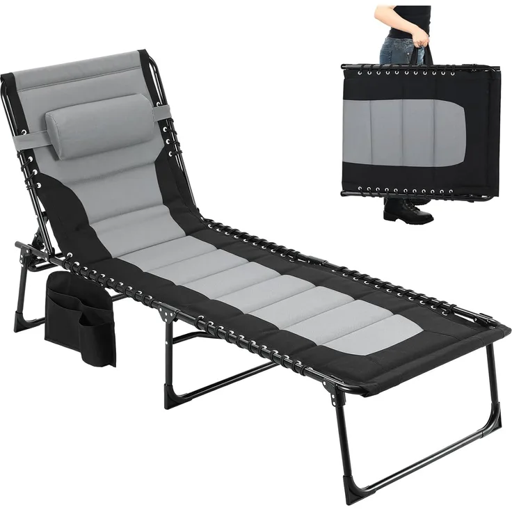 Clevich XXL Liegestuhl klappbar, 199×66 cm Übergroße Sonnenliege mit 5-Fach Verstellbarer Rückenlehne, Gartenliege mit Kopfkissen & Seitentasche, Campingliege bis 150 kg für Strand, Pool