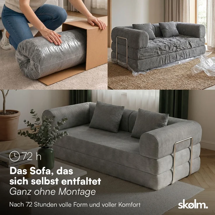 skølm 'Lofn' Modulares Sofa 2 Sitzer, 200x100 cm, Vollschaumcouch mit Metallgestell, Cord dunkelgrau, Schlafsofa vakuumverpackt, kein Aufbau erforderlich – Bild 3