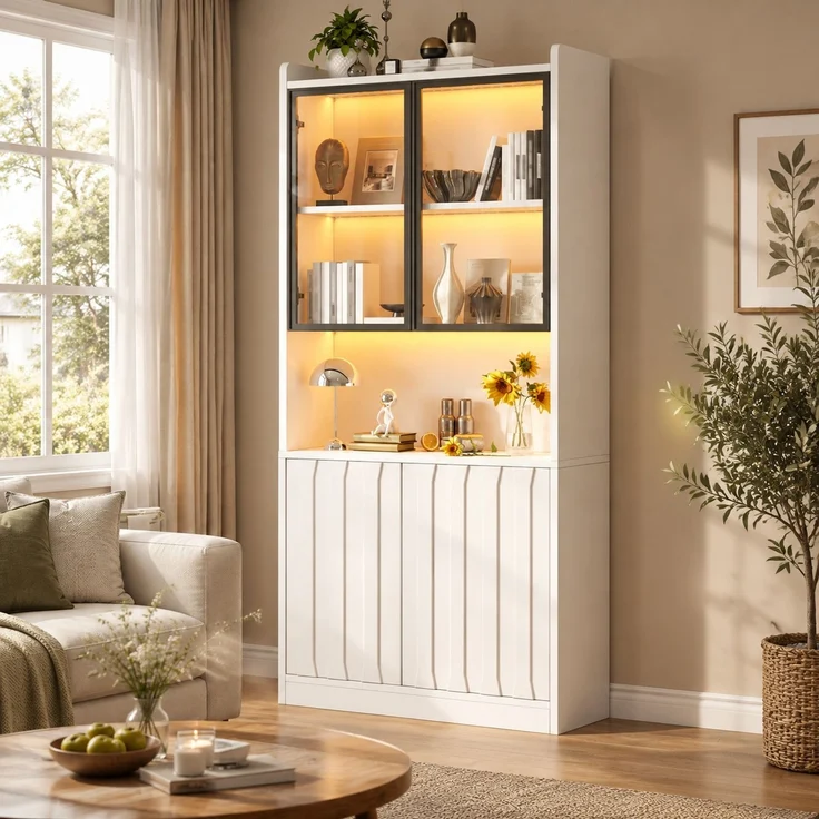 Vitrine B 80 x T 35 x H 200 cm aus Spanplatte und Glas, weiß, mit LED-Beleuchtung – Bild 1