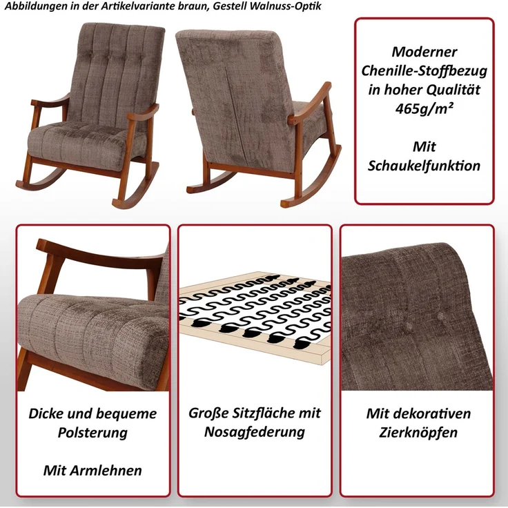 Schaukelstuhl HWC-K10, Relaxsessel, Holz FSC® Stoff/Textil Chenille (465g/m²) ~ braun, Gestell natur – Bild 2