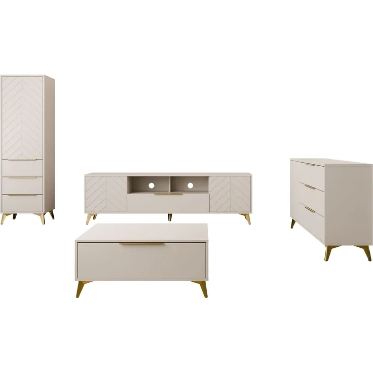 Wohnzimmer-Set Xylix I Kommode, Couchtisch, TV-Lowboard, Kleiderschrank (Farbe: Sandbeige) – Bild 2