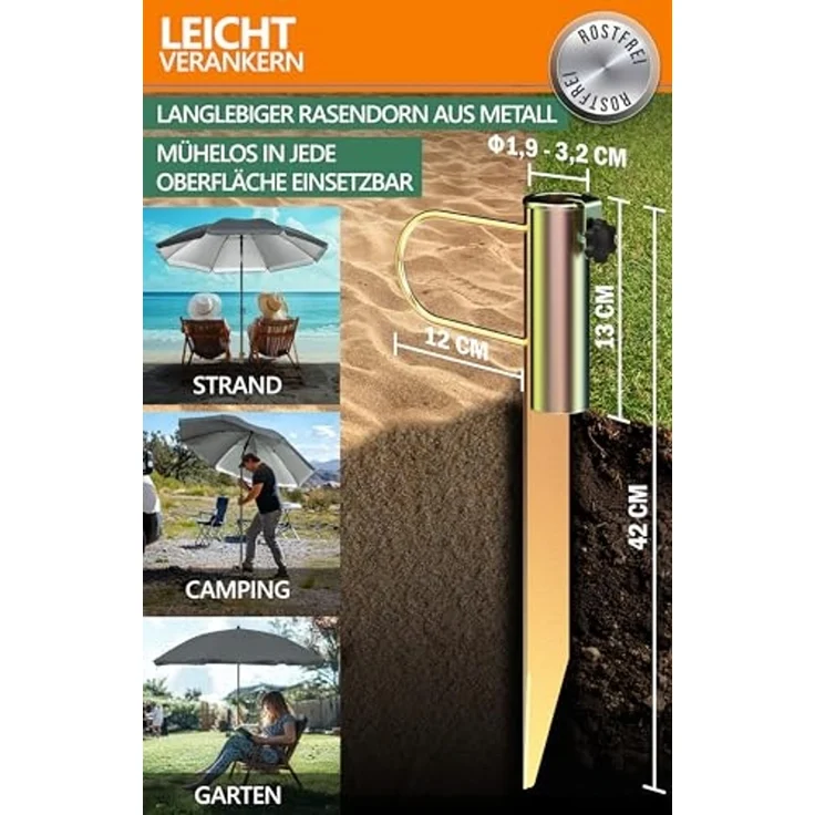 4smile SunnyJoy 3-IN-1 Set mit Sonnenschirm Strand in Anthrazit - Strandschirm windfest stabil 200 cm mit Hülle + Rasendorn Sonnenschirmhalter - Sonnenschirm mit Rasendorn für Garten, Schirmspieß – Bild 4