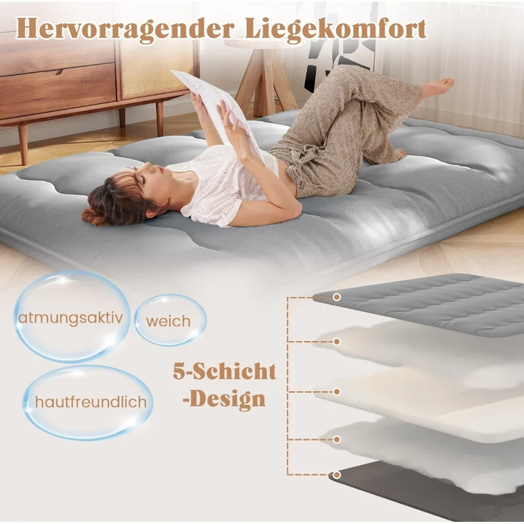Japanische Futon Matratze mit Waschbarem Bezug &Tragetasche Tatami-Matte Grau 140 x 200 cm – Bild 4