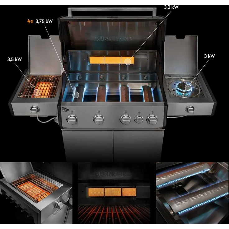 BURNHARD® Gasgrill 4-Brenner, Big FRED Deluxe+, 24,7 kW, Longlife Gussbrenner, Infrarot-Keramikbrenner, Heckbrenner, Seitenkochfeld, Piezo-Zündung, Edelstahlrost, Silber – Bild 2