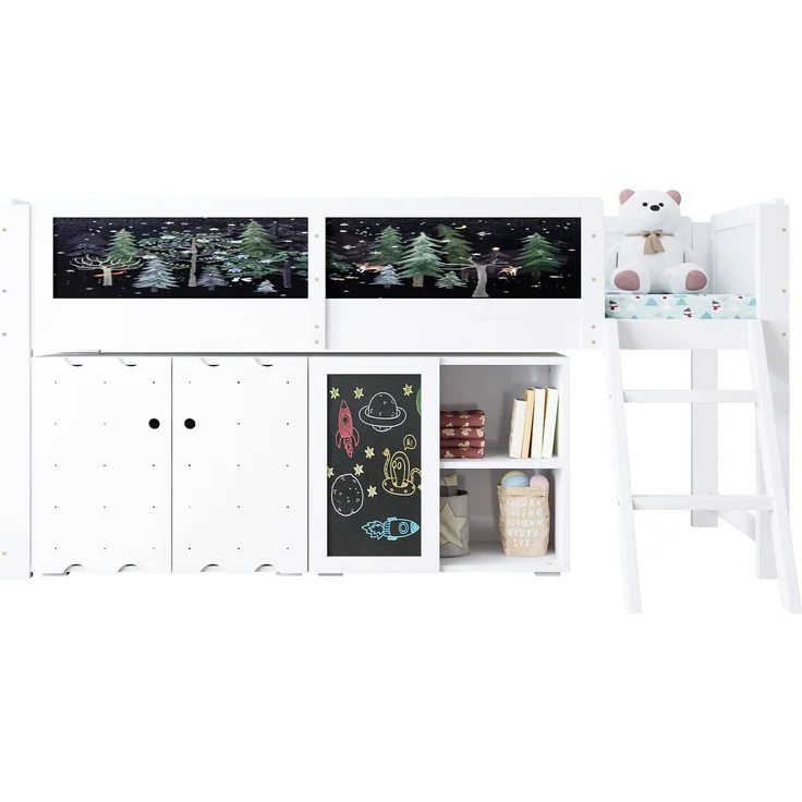 Merax Hochbett, 90x200cm Kinderbett, mit doppeltürigen Stauschränken und einer Tafel zum Malen, Zweistufige Schrägleiter, Sicherheitsgeländer, Weiß – Bild 10