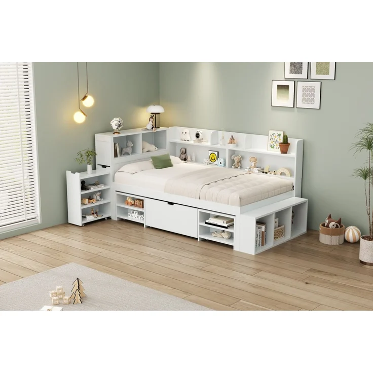 Merax Kinderbett mit Schubladen, Bücherregal & Stauschrank, mit Lattenrost, ohne Matratze, Plywood weiß, 90 x 200 cm – Bild 7