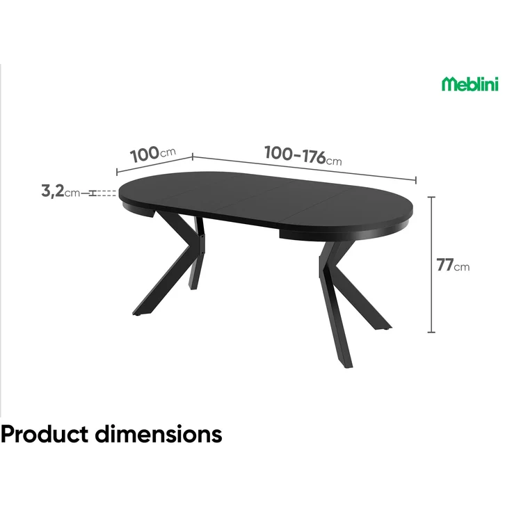 MEBLINI Esstisch Rund Ausziehbar aus Metall - 100-176x77cm - BAGIO - Schwarz Matt - Loft - Esszimmertisch Modern - Küchentisch - Ausziehtisch - Round Dining Table - Esszimmertische – Bild 7