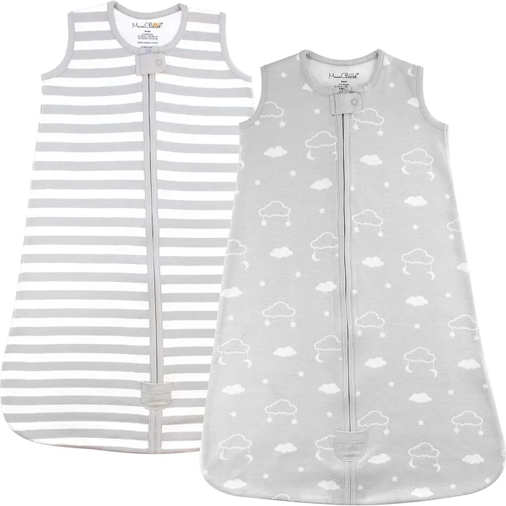 Mama Cheetah Baby Schlafsack 0. 5 TOG, Bio-Baumwolle Baby Tragbare Decke, Schlafsack mit 2-Wege-Reißverschluss, leichter und atmungsaktiver Schlafsack, Medium (6-12 Monate), Wolken/Streifen