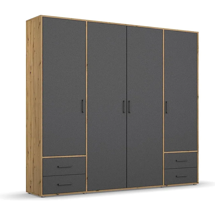 Rauch Möbel Voyager Schrank Kleiderschrank Drehtürenschrank, Graumetallic/Eiche Artisan, 4-türig mit 4 Schubladen, inkl. 1 Kleiderstange, 5 Einlegeböden BxHxT 187x194x53 cm