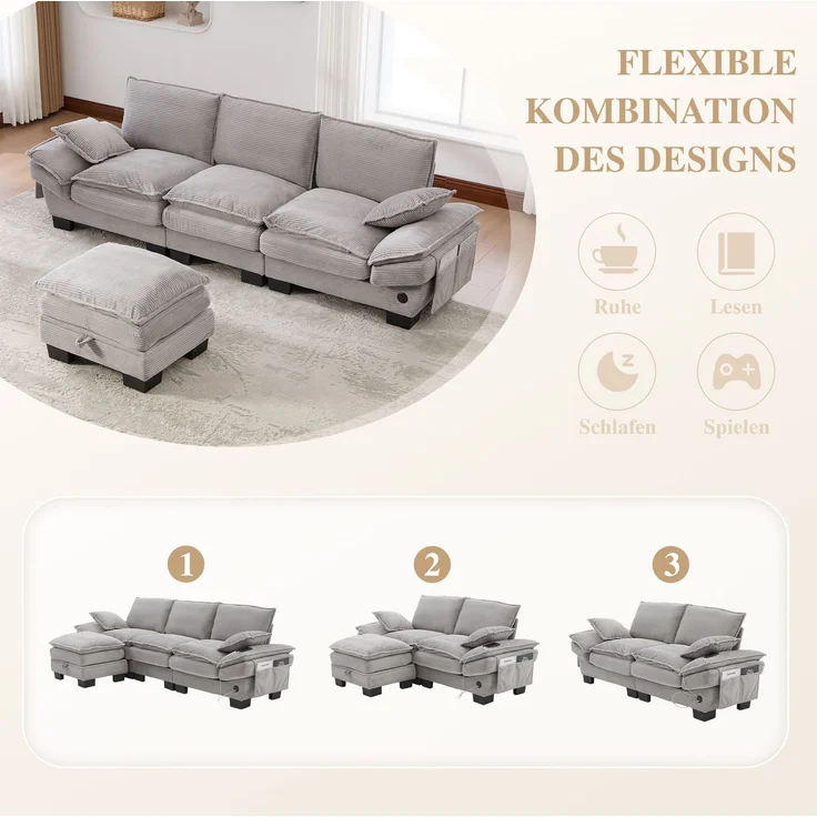 DESVIAE Sofa 3-Sitzer mit Hocker und USB-C-Anschluss 260x84x132 cm Cord Hellgrau – Bild 6