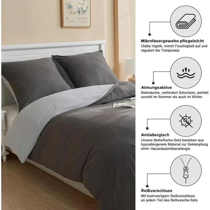 Bettwäsche 135x200cm 4tlg Set Mikrofaser Reißverschluss Anthrazit Hellgrau – Bild 5
