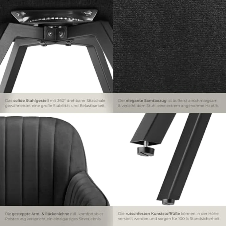 tectake Esszimmerstuhl Drehbarer Armlehnstuhl (2er Set, 2 St), gepolstert, in Samtoptik – Bild 8