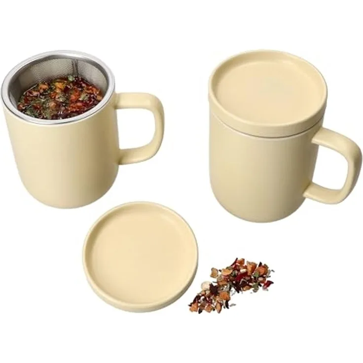 Ritzenhoff & Breker Becher Ritzenhoff 2x Jasper Vanille Teebecher mit Teesieb & Deckel 300ml, Steingut
