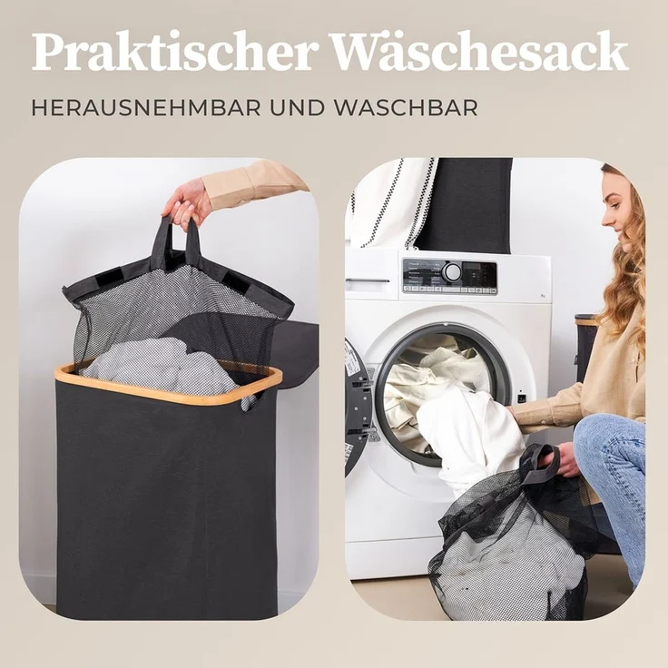 HENNEZ Wäschekorb mit Griff aus Bambus, 100 l – Wäschekorb mit Deckel, Dunkelgrau – Bild 6