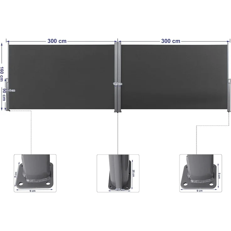 Doppel Seitenmarkise, TÜV SÜD zertifiziert, verdickter Polyester 280g/m², Anthrazit, GSA320G, 160x600 cm – Bild 5