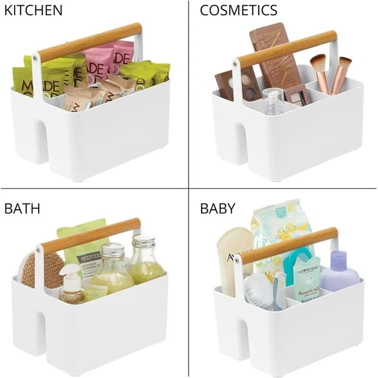 mDesign Besteckkorb Aufbewahrungskorb Holzgriff 4 Fächer Organizer Weiß – Bild 6