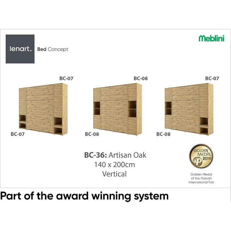 MEBLINI Elektrisches Schrankbett BC-36 - 140x200cm Vertikal - Artisan Eiche - Kopfteil Dunkelgrau - Wandbett mit Lattenrost, Matratze und Kopfteil - Wandklappbett – Bild 4
