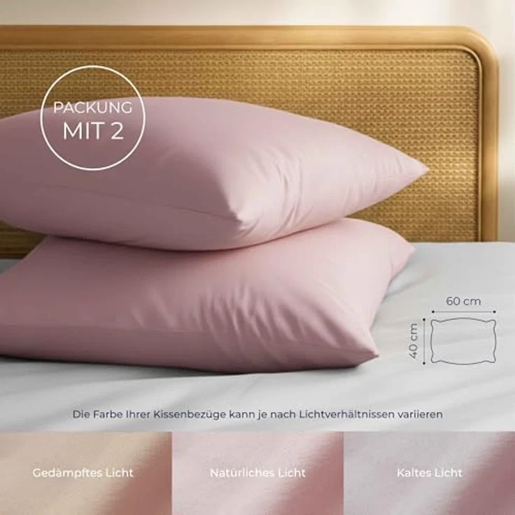 Dreamzie Kissenbezug 40x60 Baumwolle Renforcé (2er-Set) - Rosa - Dicht gewebt mit 57 Fäden/cm² - Kissenbezug 40x60 - Oeko Tex Zertifiziert – Bild 3