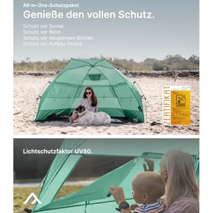 qeedo Quick Bay Pro Große Strandmuschel mit UV-Schutz (UV80) für 3 Personen inkl. Sandheringe und Roll-in-Bag Sonnenschutz - Bahamamint – Bild 2