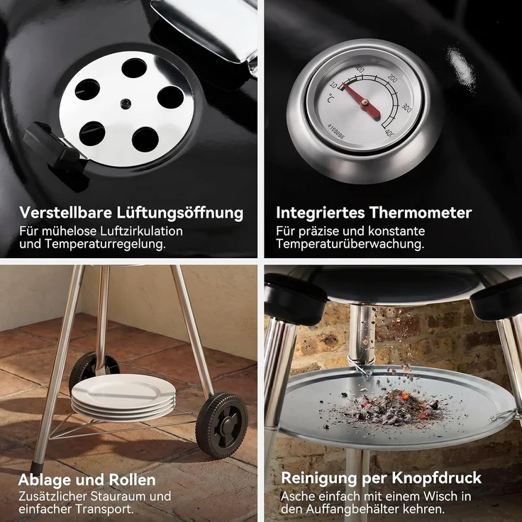 Aoxun Holzkohlegrill, 47cm Kugelgrill mit Thermometer und regulierbarer Luftzufuhr, kratzfeste, emaillierte Grillschale, Ascheauffangbehälter, Rollen und Ablage, für Garten, und Outdoor, schwarz – Bild 5