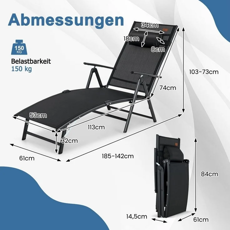 COSTWAY Gartenliege Sonnenliege, klappbar, 7-fach verstellbar, mit Kopfstütze – Bild 2