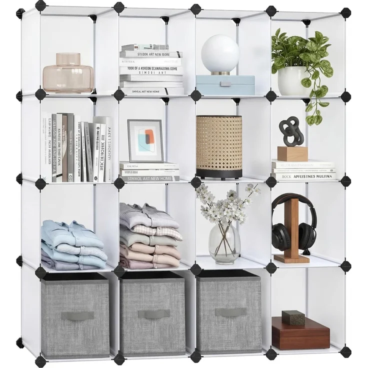 Songmics Schuhregal, Set aus 16 Würfeln, Regalsystem, DIY Würfelregal, stapelbar, aus PP-Kunststoff, als Garderobe, Raumteiler, für Schlafzimmer, Büro, 31 x 123 x 123 cm, weiß LPC44L