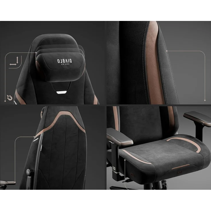 Diablo Ergonomischer Gaming Stuhl aus Stoff – Gaming Chair mit 4D Armlehnen, magnetischem Kopfkissen, Lendenwirbelstütze und atmungsaktiver Polsterung, 140 kg Ultra Black – Bild 6