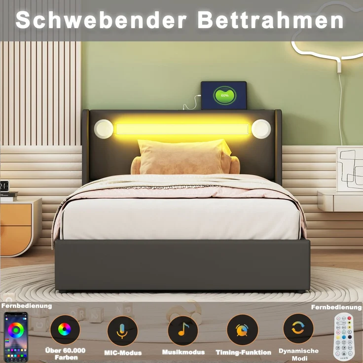 Polsterbett Kinderbett 90x200 Bett mit LED-Lichtleiste, Bluetooth-Player und USB-Aufladung, PU-Leder-Aufbewahrungsbett, Hochbettkasten, Jugendbett mit Lattenrost – Bild 6