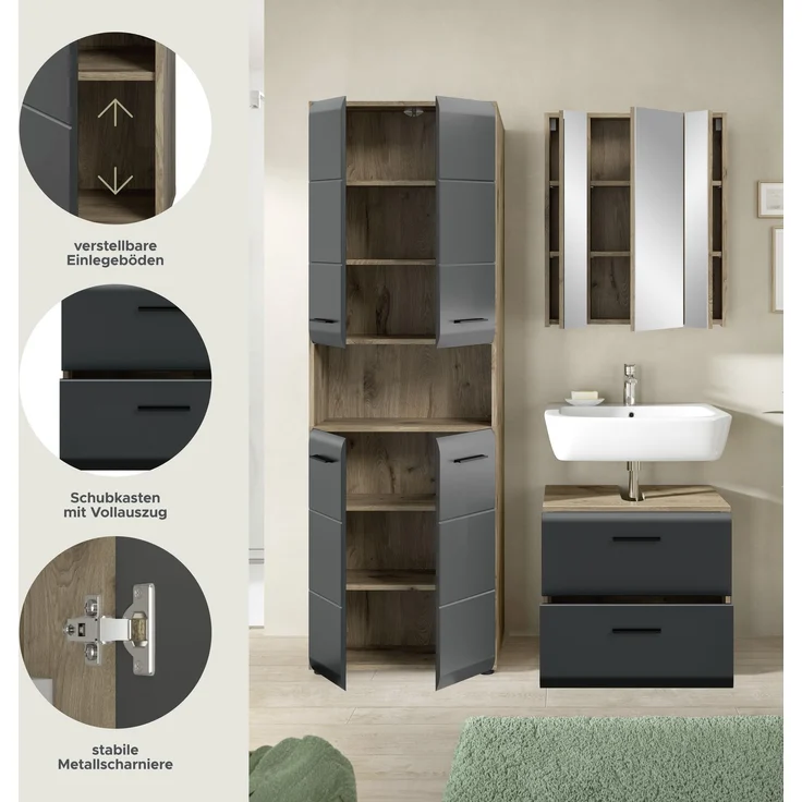 Badkombination (B/H/T: 135x185x30 cm) in schwarz matt und Nox Oak Nachbildung – Bild 7