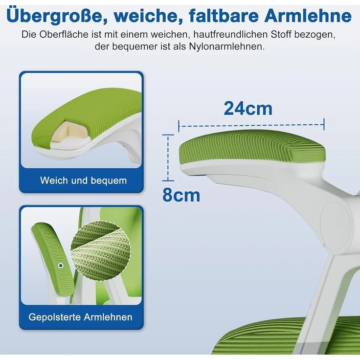 Ergonomischer Bürostuhl mit verstellbarer Kopfstütze und Armlehnen, Grün, 150kg – Bild 5