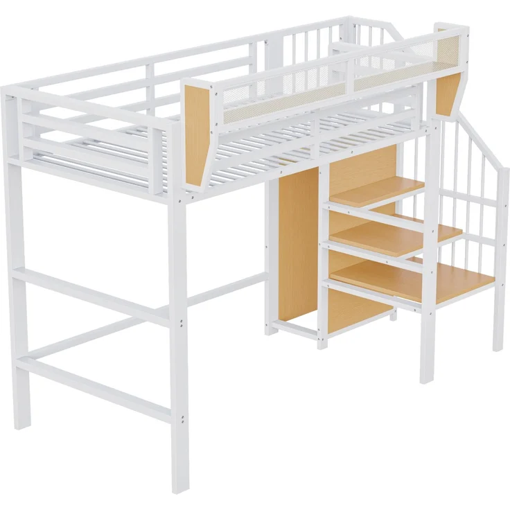 Hochbett 90x200 mit Sicherheitsleiter und flexiblem Staufach, Metallbett Erwachsenenbett Kinder-Etagenbett Weiß – Bild 7