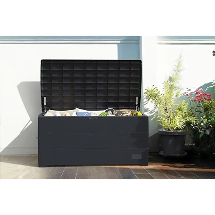 Duramax Cedargrain Durabox 416 Liter/ 110 Gallonen Kissenbox aus Kunststoff, Auflagenboxen für Terrasse und Gartenmöbel, abschließbare Kissenbox aus Kunststoff mit Gasflasche, Dunkelgrau – Bild 9