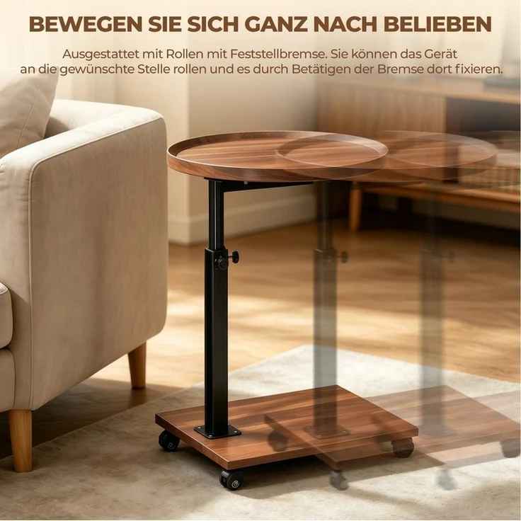 PFCTART Beistelltisch Höhenverstellbarer Beistelltisch mit Rollen, C-Tisch für Sofa (Set, 1-St, MDF & Metall, bis 20 kg belastbar), 45–80 cm höhenverstellbar, Feststellrollen & platzsparendem – Bild 3