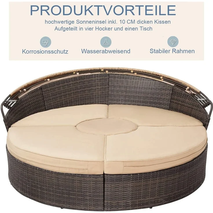 Sonneninsel Sonnenliege Rattan Lounge 180CM Tisch Polyrattan Gartenmuschel – Bild 2