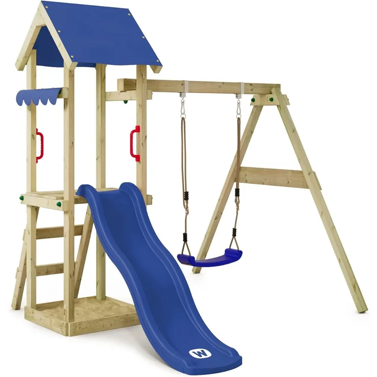 WICKEY Spielturm Klettergerüst TinyWave mit Schaukel & blauer Rutsche, Kletterturm mit Sandkasten, Leiter & Spiel-Zubehör