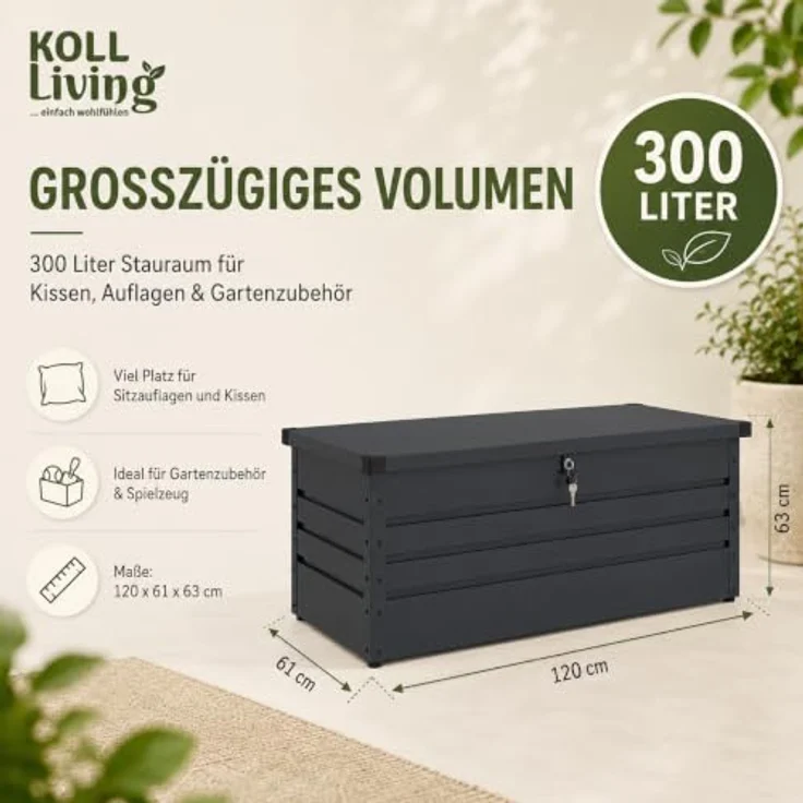 Koll Living Gartenbox Torix, 350 Liter, Anthrazit, pulverbeschichtetes Metall, wartungsfrei, mit Gasdruckfedern – Bild 5