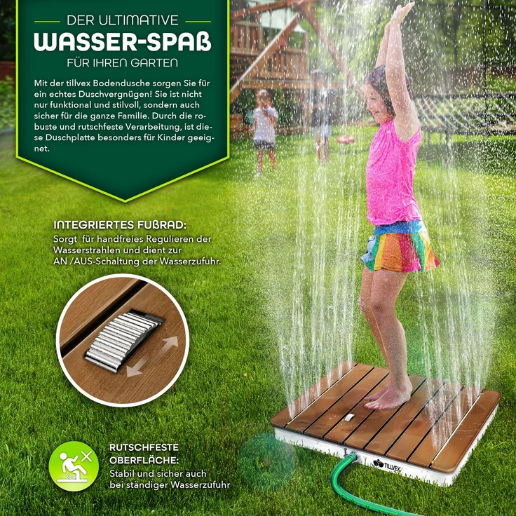 tillvex® Gartendusche eckig outdoor bis 4 m Fontänenhöhe | Bodendusche mit Fußrad | Außendusche rutschfest | Saunadusche wetterfest | Campingdusche aus Aluminium/WPC/Holzoptik – Bild 5
