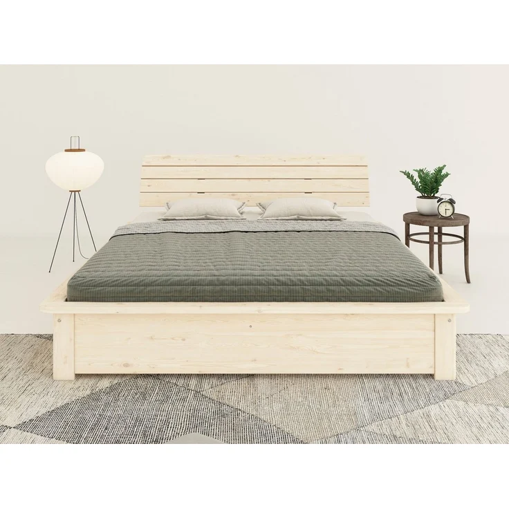 OTTO home Massivholzbett Antri, Futonbett, ergonomisch geformtes Kopfteil, stilvolles Design, Rahmen zur Ablage von Smartphone, mit Lattenrost, Bettkasten optional – Bild 1
