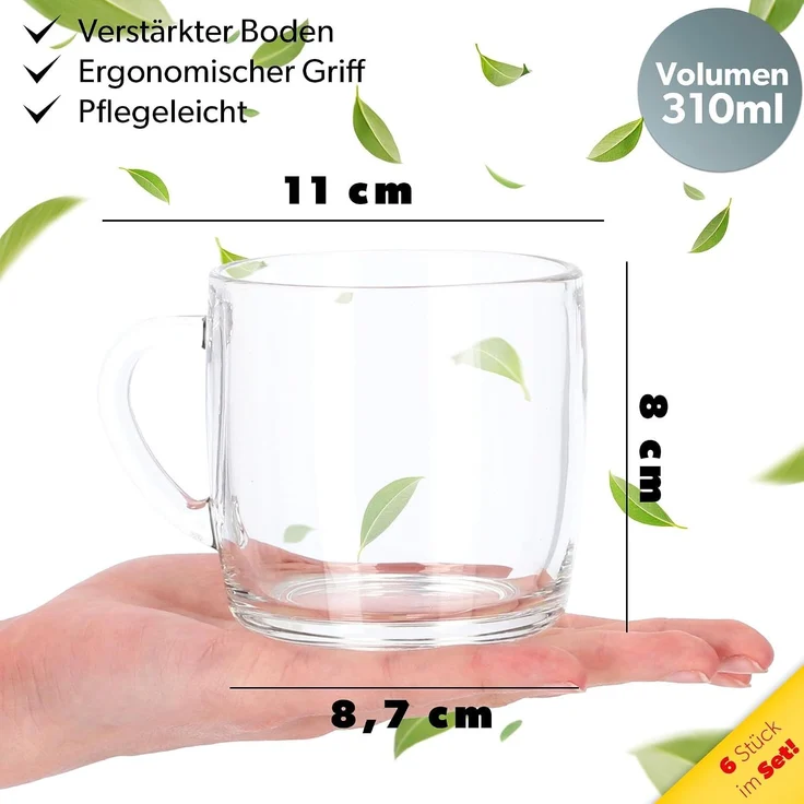 KADAX 6x Kaffee-Tee-Gläser 310 ml Glas-Set Becher mit Henkel – Bild 3