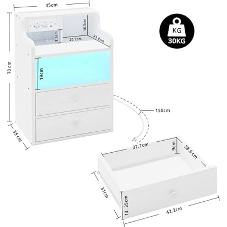 IRONCK Nachttisch LED mit Steckdose und Ladefunktion, Beistelltisch Holz, Nachtschrank mit 2 AC, 1 USB& 1 Type-C Anschlüsse, Sofatisch mit 2 Schubladen, Nachtkästchen Wohnzimmer,Schlafzimmer, Weiß – Bild 3