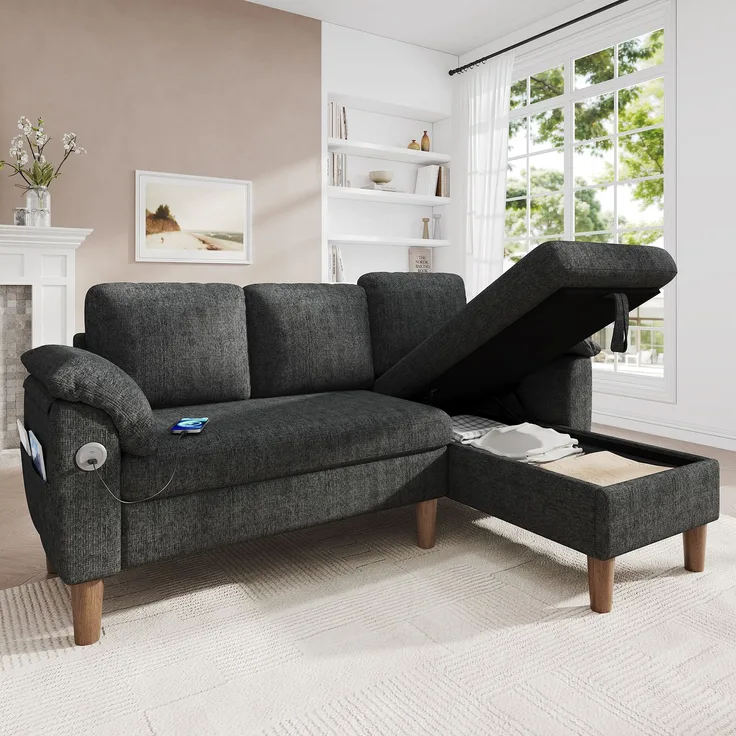 Merax L-förmiges Ecksofa, 3-Sitzer Sofa mit Stauraum-Chaiselongue, links/rechts montierbar, USB/Type-C-Ladeanschluss, Seitentasche, 2 halbfeste Armlehnenkissen, Chenille Stoff, Grau