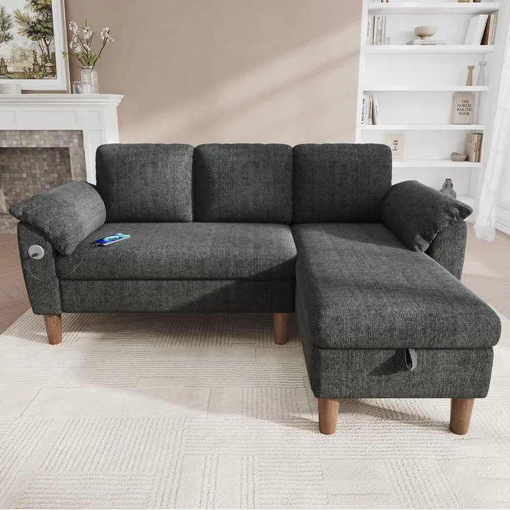 Ecksofa 181x125x88 cm in Dunkelgrau mit Stauraum-Chaiselongue und USB-Anschluss – Bild 3