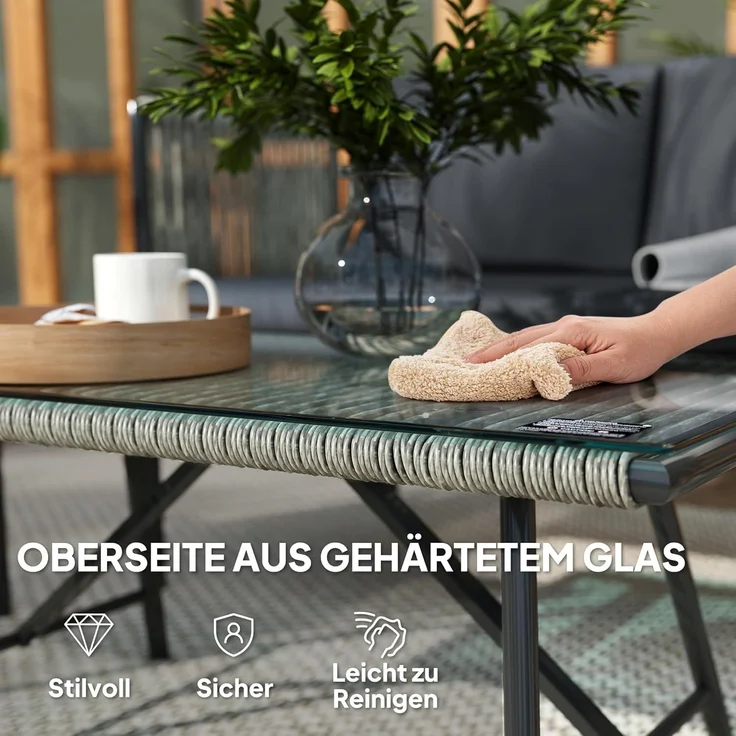 Outsunny Sitzgruppe mit 2er Sofa, Sessel, Glastisch, Kissen, (Gartenmöbel-Set aus Polyrattan, 4-tlg, wetterfest Lounge-Set), für 4 Personen, für Garten, Balkon, Grau – Bild 6