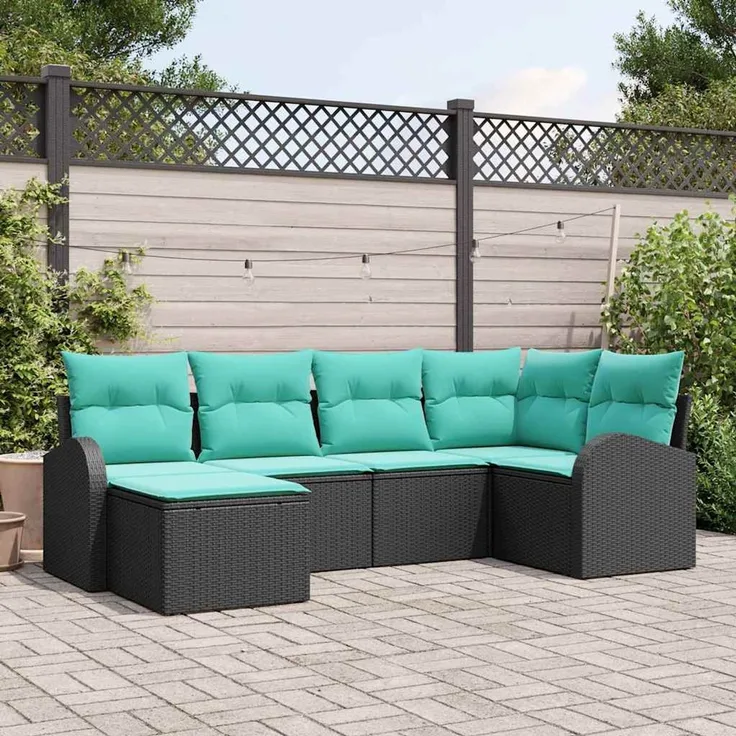 vidaXL Sofa Set mit Kissen 6 pcs Schwarz und Türkis Poly-Rattan 3354785