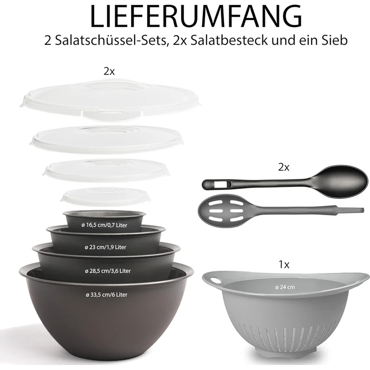 Hausfelder Salatschüssel Set groß, Schüsselset mit Deckel aus Kunststoff BPA-frei, Kunststoff, (Set, 21-tlg), Schüsseln 2x6 L, 2x3,6 L, 2x1,9 L, 2x0,7 L + 2 x Salatbesteck – Bild 2