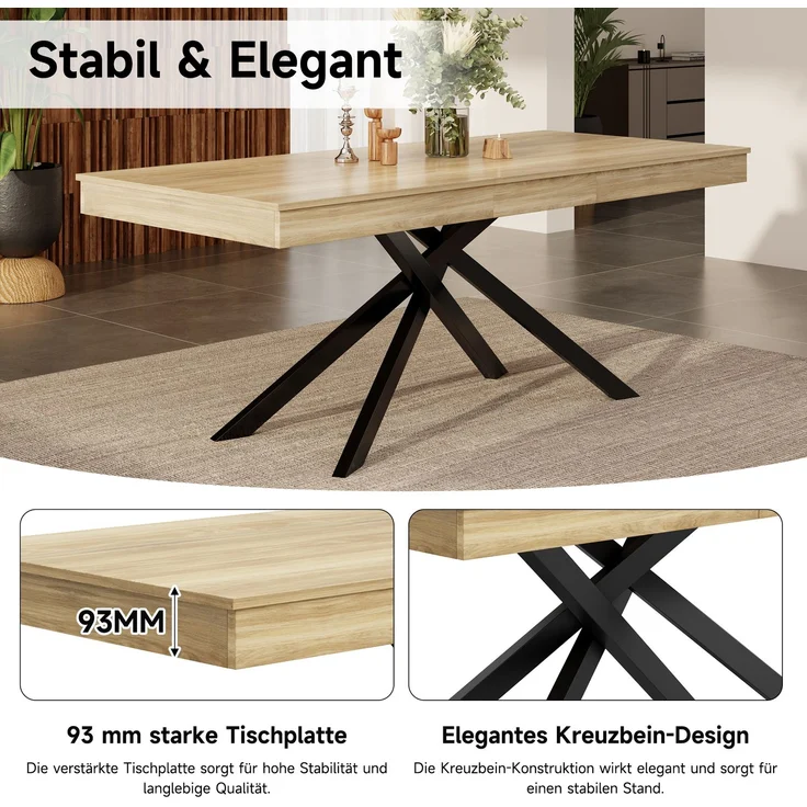 JARDJ Ausziehbarer Esstisch, 140/180*80 cm, geeignet für 6-8 Personen, rechte Form, verdickte Tischplatte, Metallbeine,einfacher Stil,Tisch für Esszimmer, Küche, Wohnzimmer, Eichenfarbe – Bild 9