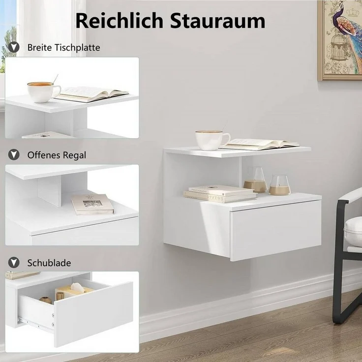 Woltu Nachttisch (1-St), hängend Wandregal mit Schublade – Bild 3