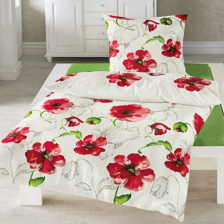 TRAUMSCHLAF Bettwäsche Mohnblume, Seersucker, 2 teilig, bügelfreie Sommerbettwäsche